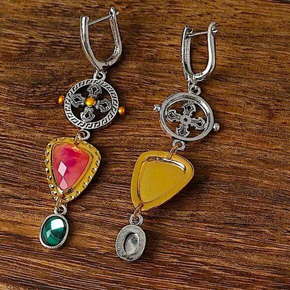Tribal Pink, Green Stone Dangle Earrings Vintage Bohemian Boho - Picture 2 of 6